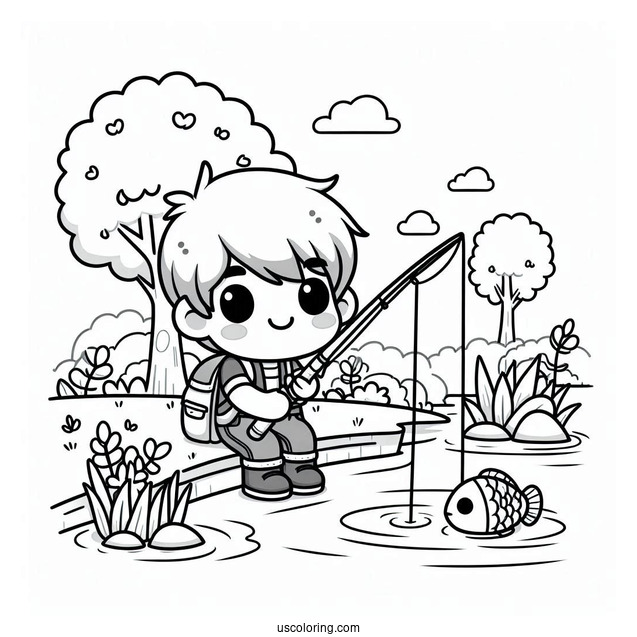 Kawaii Little Boy Fishing Coloring Page In The River For Preschoolers