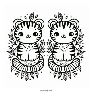Tiny Tiger On Leaves Pattern Coloring Page
