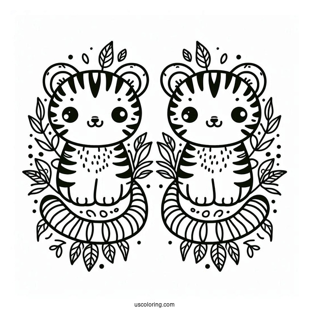 Tiny Tiger On Leaves Pattern Coloring Page
