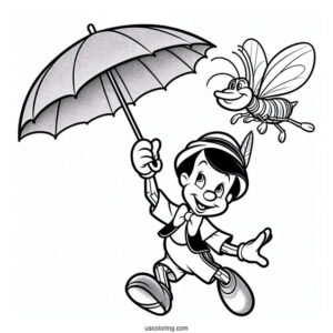 Pinocchio Coloring Page Of Jiminy Cricket Floating Down Using Umbrella
