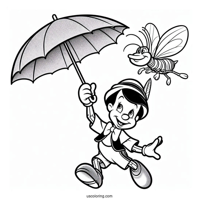 Pinocchio Coloring Page Of Jiminy Cricket Floating Down Using Umbrella