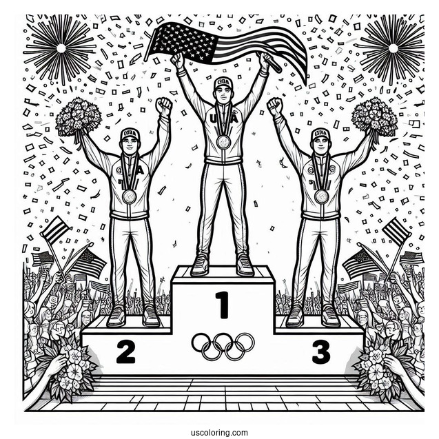 USA Olympics Coloring Page Champions On Tri level Podium With Confetti