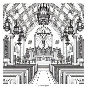 Church Coloring Page Interior With Pews, Stained Glass, And The Crucifixion