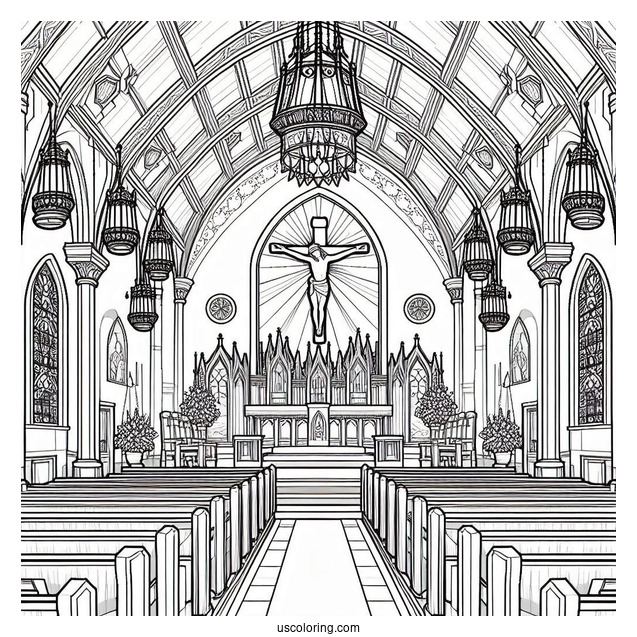 Church Coloring Page Interior With Pews, Stained Glass, And The Crucifixion