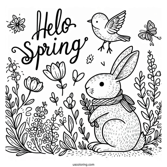Hello Spring Words Above Rabbit And Bird In Spring Coloring Page