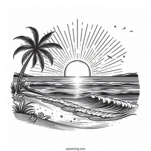 Sun Rising On The Horizon At The Beach Coloring Page