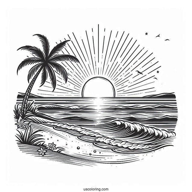 Sun Rising On The Horizon At The Beach Coloring Page