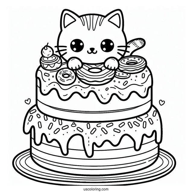 Cute Two-Layered Donut Cake With Cat Topper Coloring In