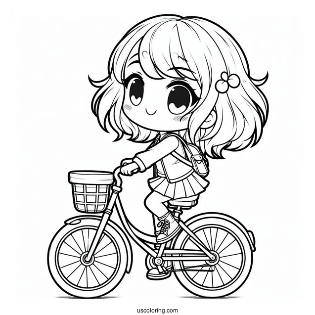 Chibi Girl On A Bicycle Coloring Page For Preschoolers