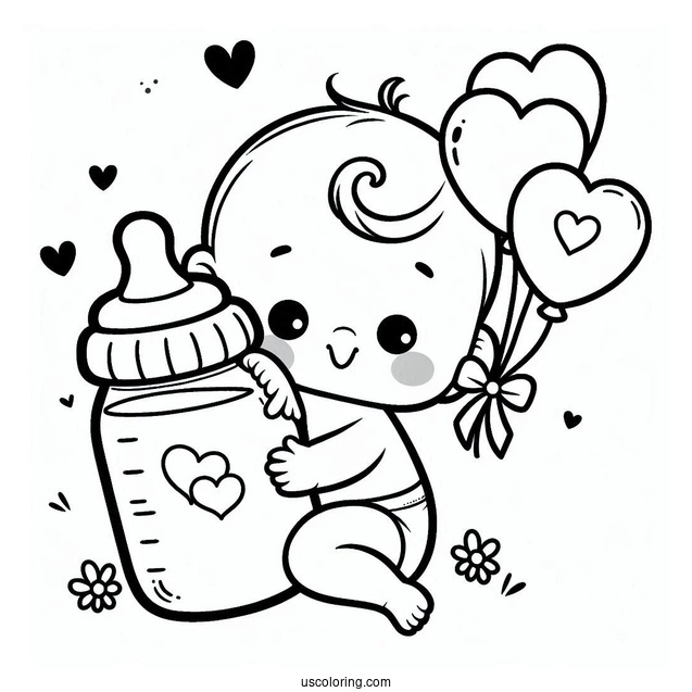 Baby Coloring Page Hugging Milk Bottle With Heart Balloons