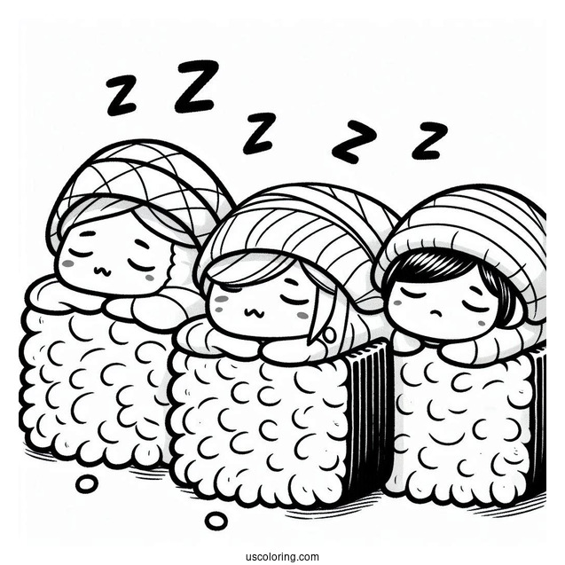 Three Sleeping Nigiri Sushi Coloring Pages
