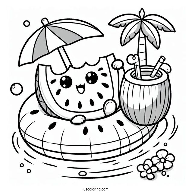 Summer Coloring Page Of Happy Watermelon On A Floatie With A Coconut Drink