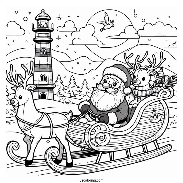 Santa In His Sleigh With Reindeer To Color