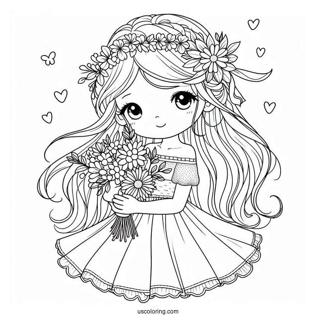 Pretty Little Girl Holding A Flower Bouquet In Spring Coloring Page For Kids