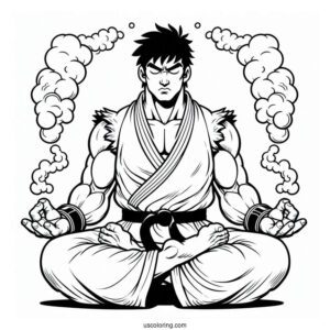 Street Fighter Coloring Page Of Ryu Meditating For Kids