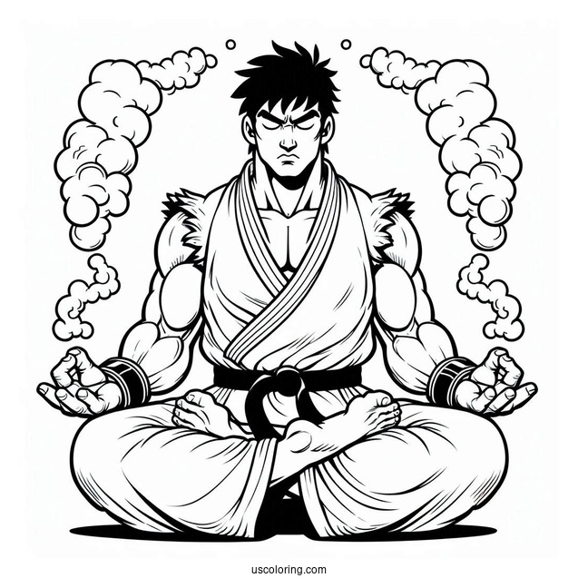 Street Fighter Coloring Page Of Ryu Meditating For Kids