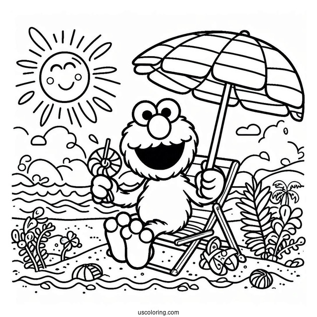 Summer Themed Elmo At The Beach To Color