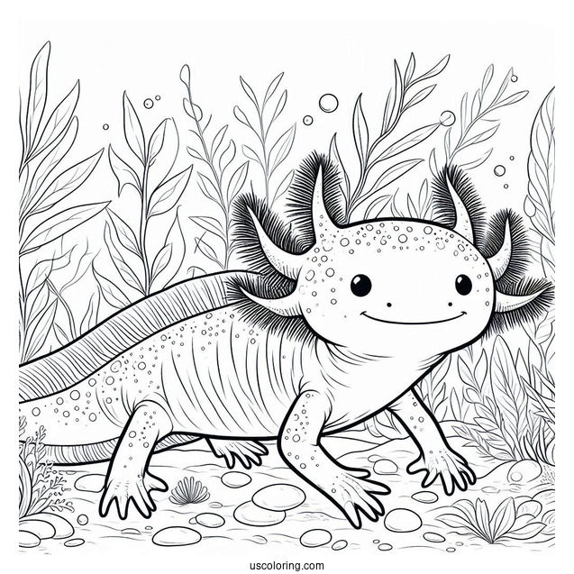 Adult Axolotl Coloring Page Wading Through Seaweed