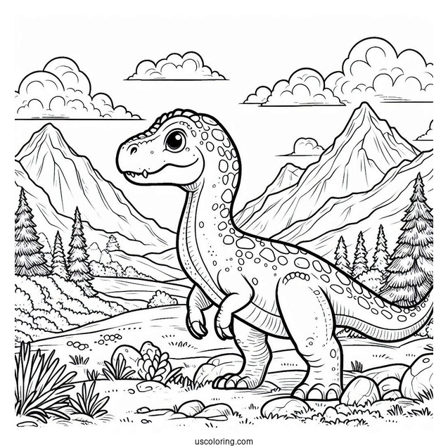 Dinosaur Coloring Page Of Mapusaurus In Mountain Landscape