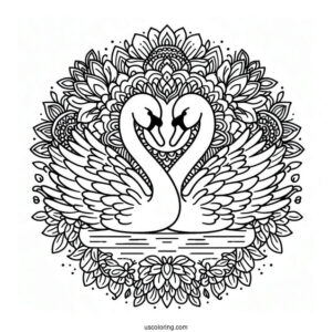 Twin Swan Coloring Page In Front Of Flower Mandala