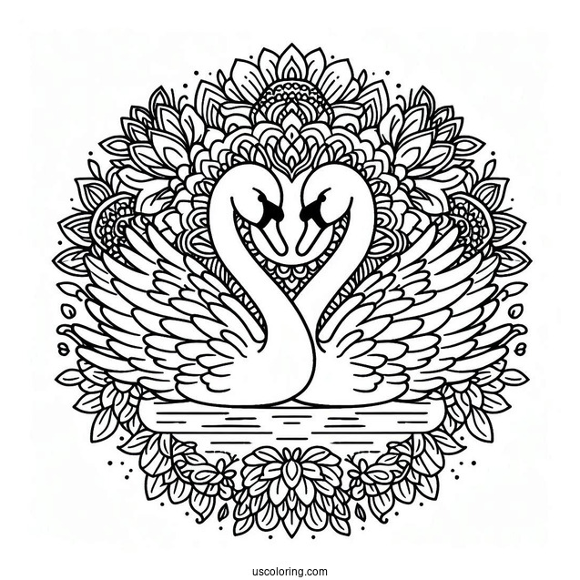 Twin Swan Coloring Page In Front Of Flower Mandala