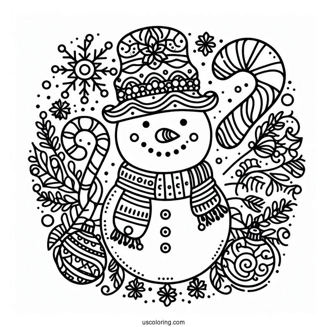 Snowman, Bauble, And Candy Cane Christmas Mandala