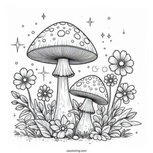 Realistic Mushroom Coloring Page Growing With Flowers