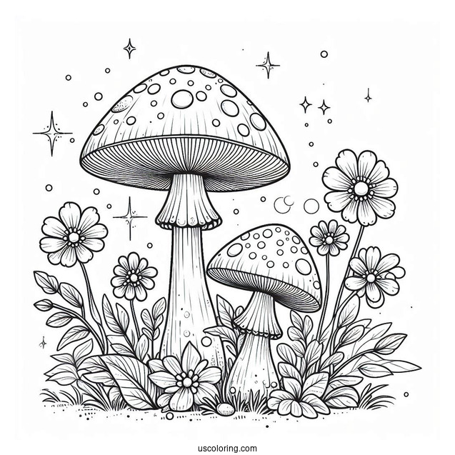 Realistic Mushroom Coloring Page Growing With Flowers