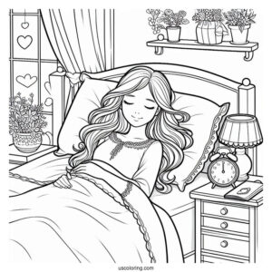 Woman Sleeping In Her Cozy Bedroom Coloring Page For Kids