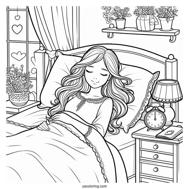 Woman Sleeping In Her Cozy Bedroom Coloring Page For Kids