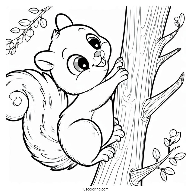 Cartoon Squirrel Coloring Page Climbing Tree Branch For Kids