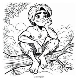 Tarzan Coloring Page Smiling While Sitting On A Tree Branch