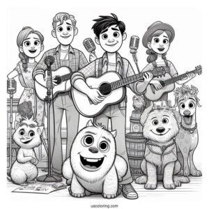 Sing Coloring Page Of Buster Moon With Rosita, Mike, Ash, Johnny, Meena, Gunter, And Eddie