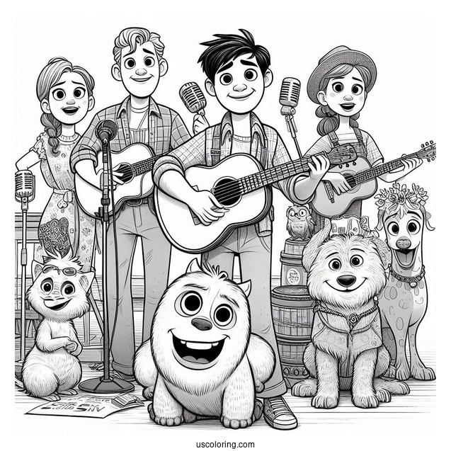 Sing Coloring Page Of Buster Moon With Rosita, Mike, Ash, Johnny, Meena, Gunter, And Eddie