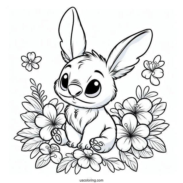 Furry Rabbit Coloring Page With Stitch Surrounded By Flowers