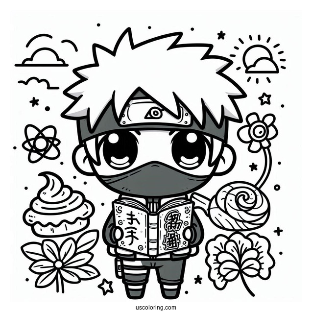 Kawaii Kakashi Coloring Page Holding An Icha Icha Book For Kids