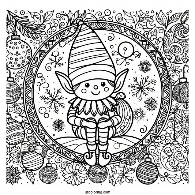Elf Inside A Festive Christmas Mandala Coloring Page