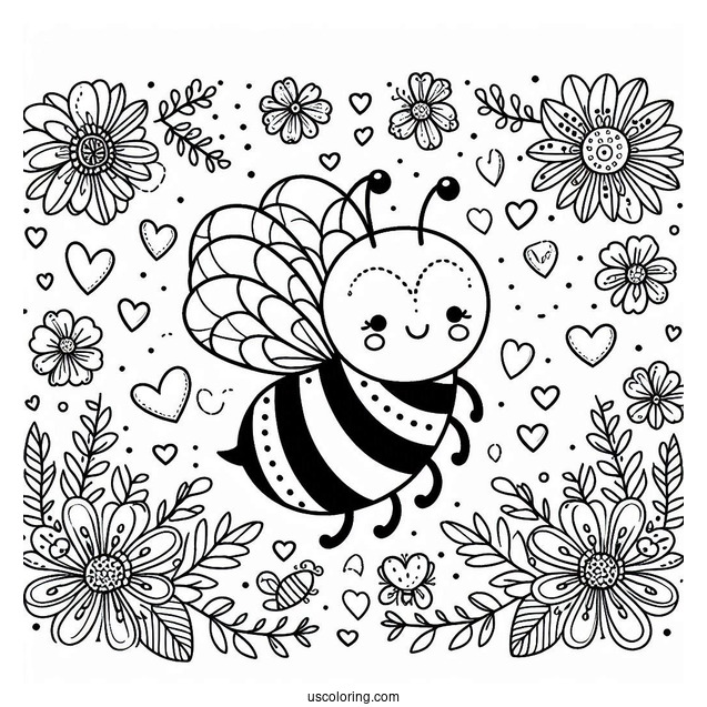 Adorable Bee Coloring Page With Love Heart And Floral Background