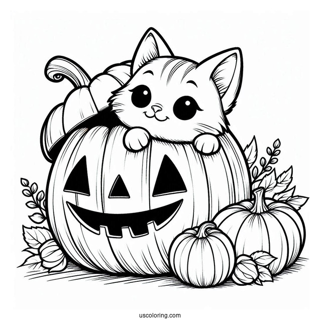 Pumpkin Coloring Page Of Cat Poking Head Out Of A Jack O Lantern