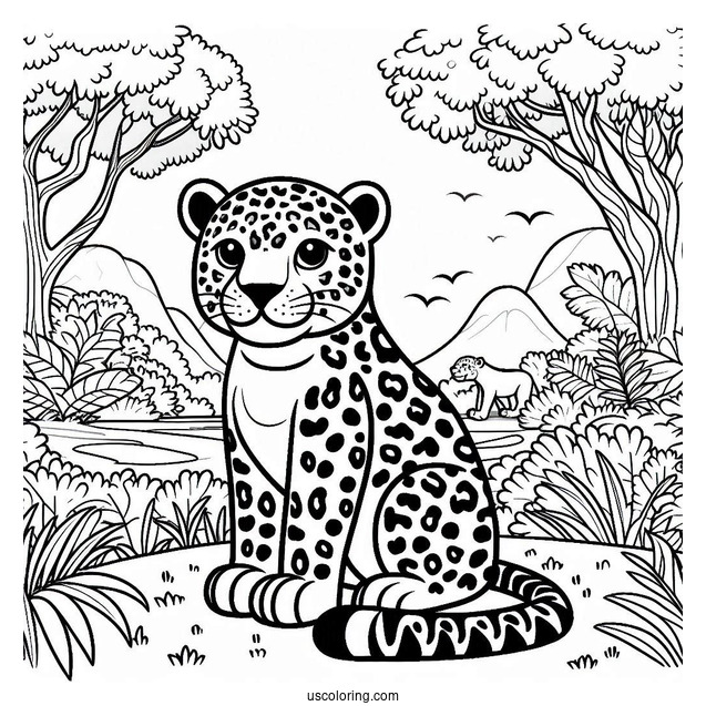 Jaguar Sitting In The Jungle Coloring Page