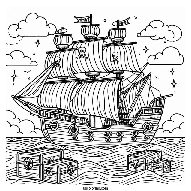 Simple Pirate Ship Coloring Page At Sea With Treasure Chests For Kids