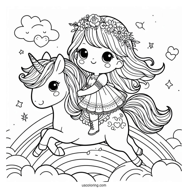 Cute Coloring Page Little Girl Riding A Unicorn