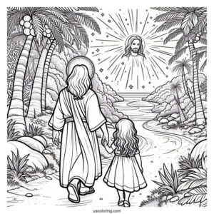 Jesus Coloring Page Walking With A Little Girl In Paradise