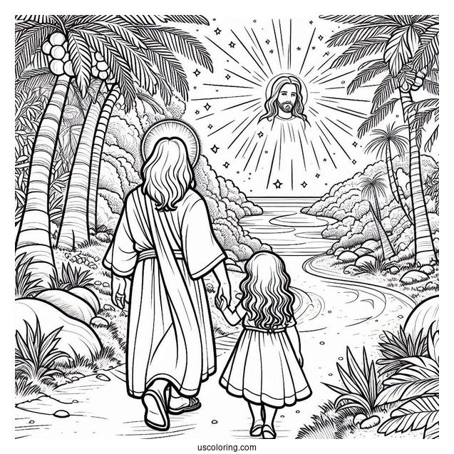 Jesus Coloring Page Walking With A Little Girl In Paradise