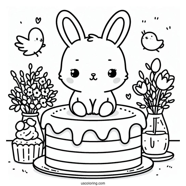 Cute Coloring Page Of Rabbit On Top Of A Cake
