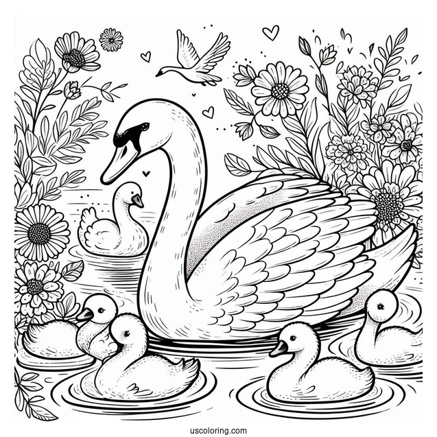 Swan Coloring Page Swimming With Cygnets