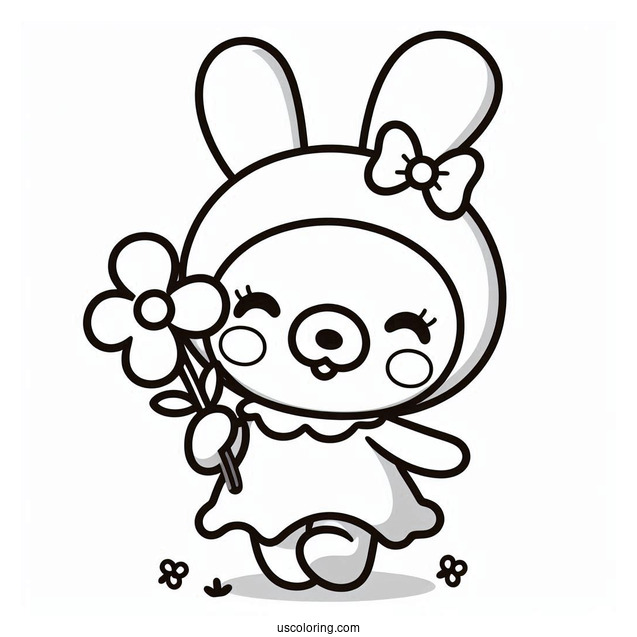 Pororo Coloring Page Of Kawaii Loopy In A Dress Holding Flower For Preschoolers