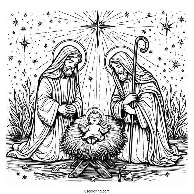 Nativity Coloring Page Of Three Magis Visiting Newborn Jesus In The Manger