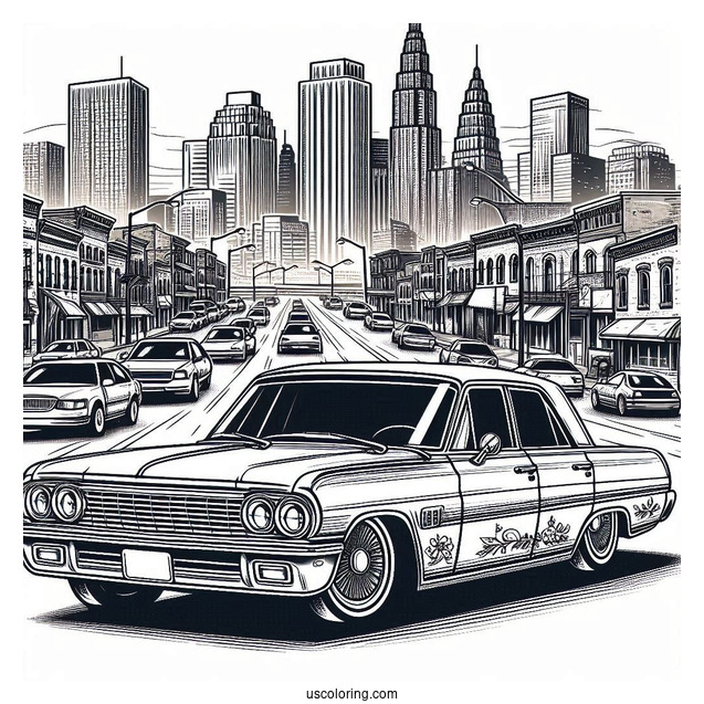 Vintage Lowrider Coloring Page Parked In The City