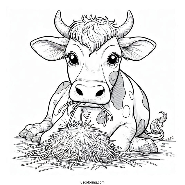 Cow With Horns Eating Hay Coloring Page